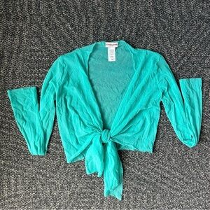 Y2K turquoise sheer nylon 3/4 Sleeve Tie Front Blouse